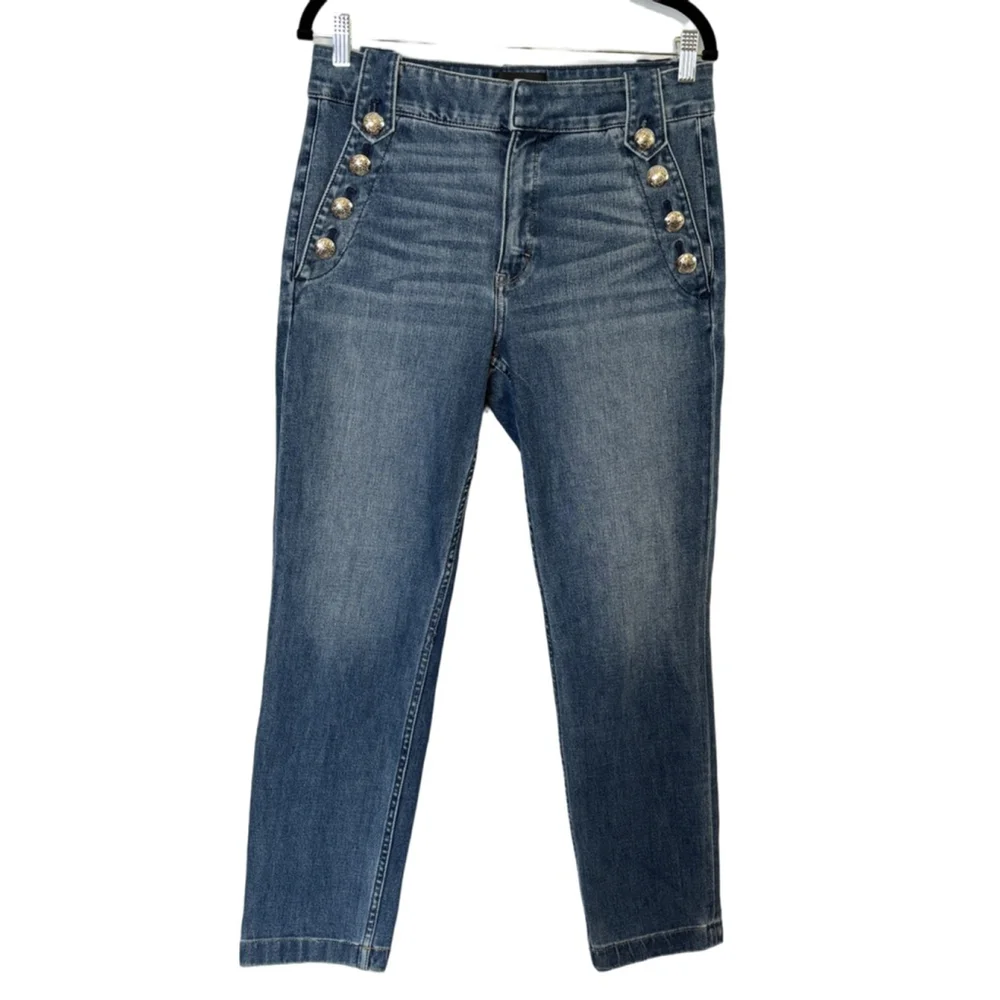 White House Black Market High Rise Straight Jeans Size 8 Gold Military Button - Picture 1 of 16
